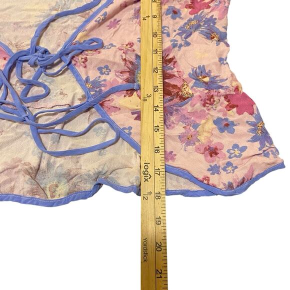 Free People Top Size Large Venice Blue Pink Floral Long Sleeve Bow Tie Semi Crop - Picture 4 of 7